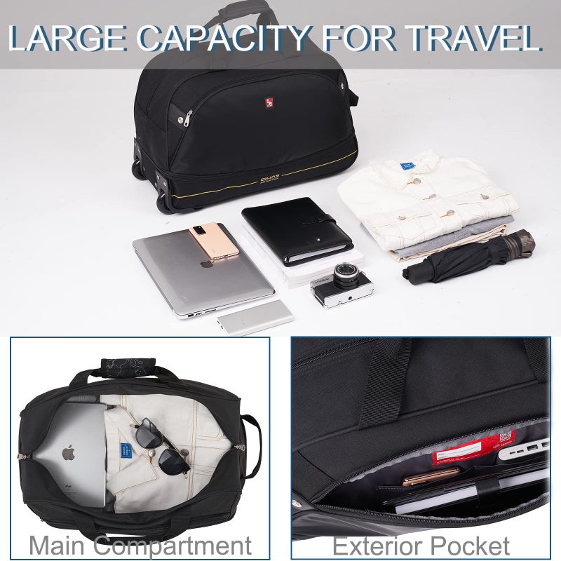 OIWAS 22 inch Rolling Duffle Bag with Wheels, Small Duffel Bag with Wheels Weekend Overnight Travel Carry On Luggage Expandable 50L to 60L Women Men Black - Image 5